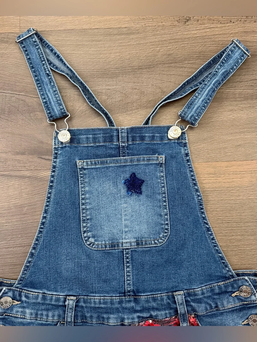 Justice Girls' Sequin U.S. Flag Stars & Stripes Denim Shortalls Size 18